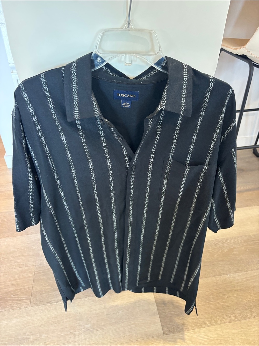 Toscano Black Silk Button-Up with Silver Stripes